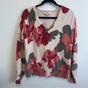 LOFT V-Neck Sweater with Floral Design - Red and Green